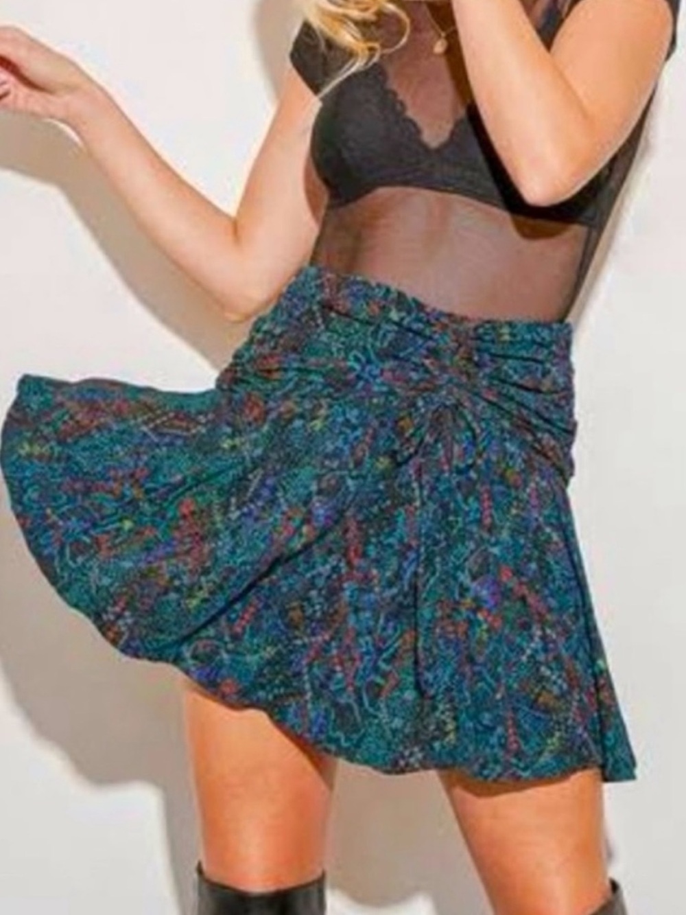 NWT Free People Saturday Sunday Ruched Mini Skirt Blue Print Size 8